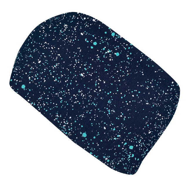 Wollhuhn Elastisches Öko Stirnband/Haarband, zweilagig, breit, handgemacht, schwarz mit weißen Sprenkeln, aus weichem, atmungsaktivem Bio-Jersey. Ideal für Alltag und Outdoor-Aktivitäten.