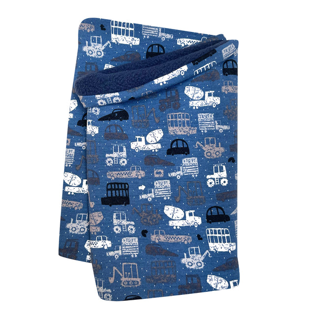 Wollhuhn Halstuch / Schlupfschal / Loop WARM mit Fleece-Innenfutter, blaues Design mit Autos und Bussen, handgemacht für Kinder und Erwachsene.