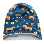 Wollhuhn Öko Long Beanie / Wendemütze, Ganzjährig, Zweilagig, Pony Blau