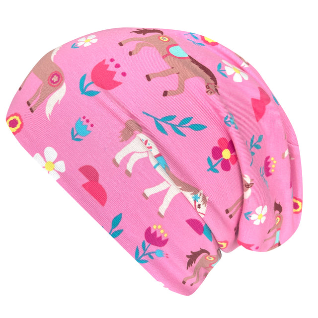 Wollhuhn Öko Long Beanie / Wendemütze, zweilagig, mit Pferdemuster auf rosa Hintergrund, ideal für Kinder, weich, formbeständig, wendbar und ganzjährig tragbar.