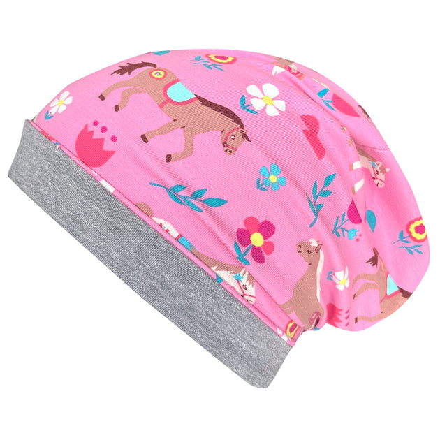 Wollhuhn Öko Long Beanie mit Pferde- und Blumenmuster, rosa, zweilagig, aus Baumwolljersey. Bequeme Passform, ideal für Kinder, ganzjährig tragbar.