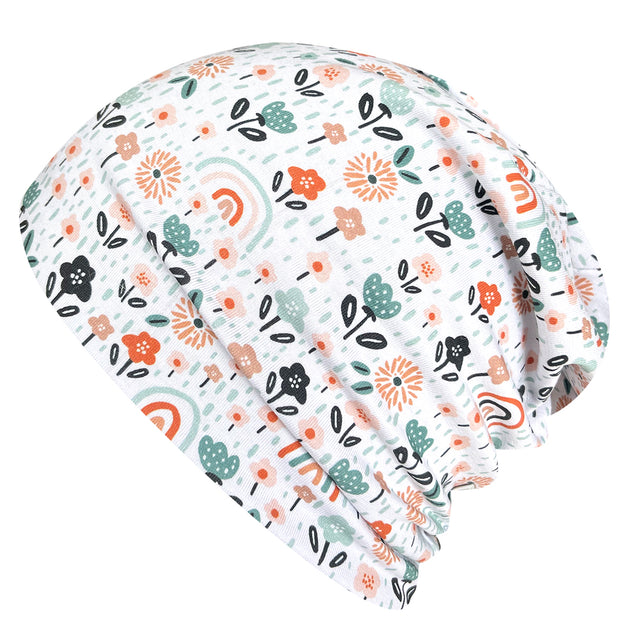 Wollhuhn Öko Long Beanie / Wendemütze, weiß mit Blumenmuster, aus weichem, zweilagigem Baumwolljersey, bietet komfortablen Sitz und ist ideal für ganzjähriges Tragen.