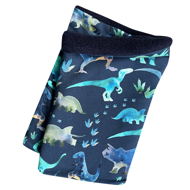 Wollhuhn Halstuch / Schlupfschal / Loop WARM mit Dinosauriermuster, handgefertigt aus Öko-Jersey und Fleece, ideal für kalte Tage und empfindliche Kinderhälse.