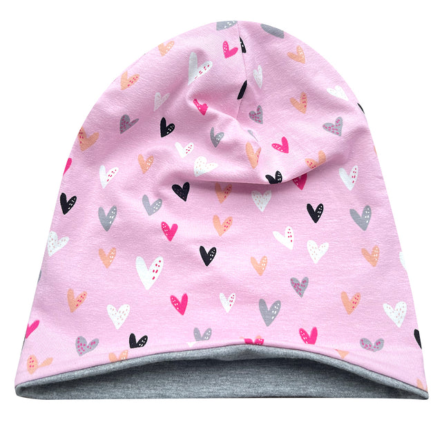 Wollhuhn Öko Long Beanie / Wendemütze, rosa mit Herzen, aus weichem Baumwolljersey, zweilagig, formbeständig und pflegeleicht, ideal für Kinder und Jugendliche.