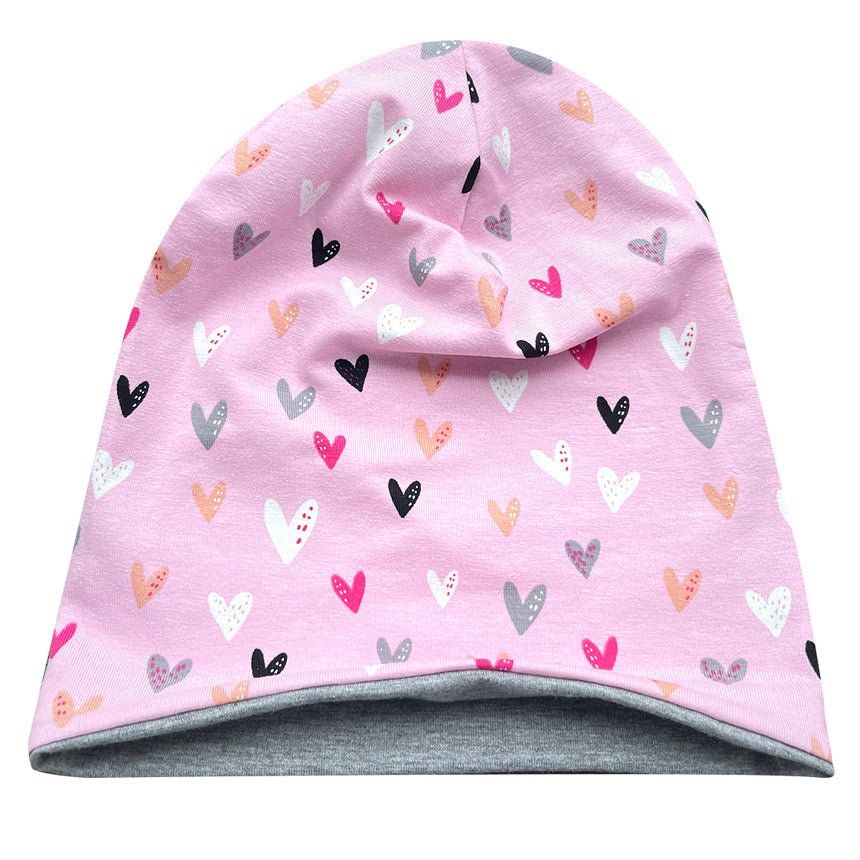 Wollhuhn Öko Long Beanie / Wendemütze, rosa mit Herzen, aus weichem Baumwolljersey, zweilagig, formbeständig und pflegeleicht, ideal für Kinder und Jugendliche.