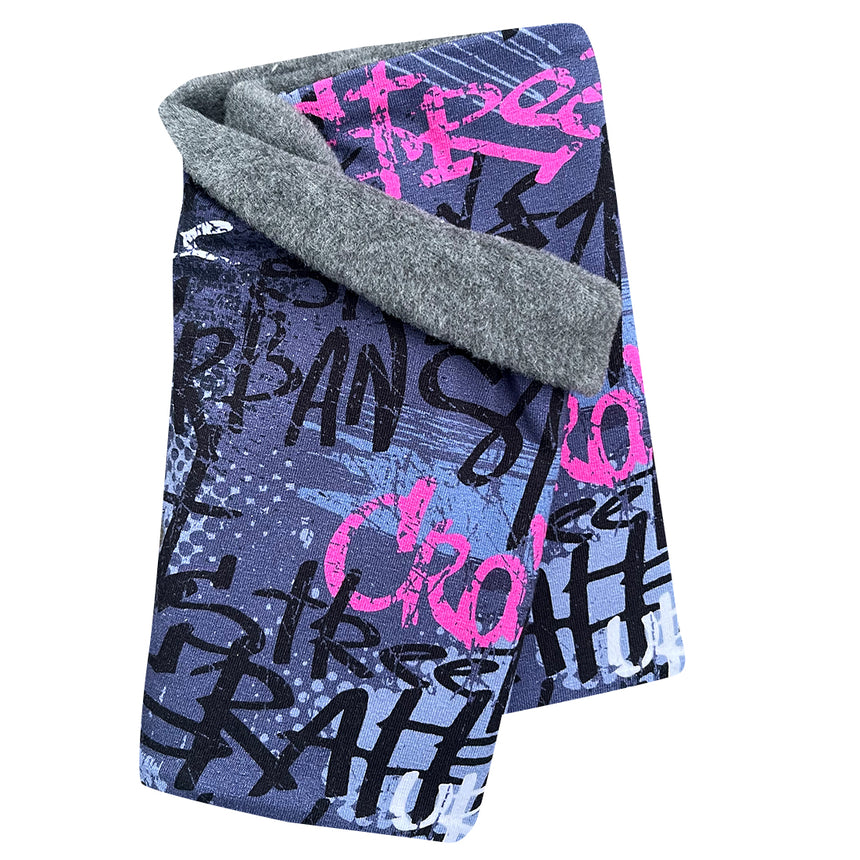 Wollhuhn Kinder Halstuch / Schlupfschal / Loop WARM mit Fleece-Innenfutter, handgemacht, ideal für Kinder, weich und dehnbar, in Grau/Pink, geeignet für kalte Tage.