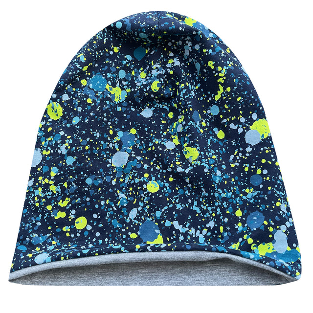 Wollhuhn Öko Long Beanie, Wendemütze, zweilagig, Splatter Dunkelblau. Weicher Baumwolljersey, ideal für Kinder, formbeständig, pflegeleicht, wendbar, handgefertigt in Deutschland.