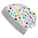 Wollhuhn Öko Long Beanie / Wendemütze, Ganzjährig, Zweilagig,  Blümchen Hellblau/Bunt