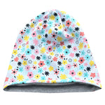 Wollhuhn Öko Long Beanie / Wendemütze, Ganzjährig, Zweilagig,  Blümchen Hellblau/Bunt