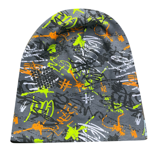 Wollhuhn Öko Long Beanie, zweilagig, mit buntem Graffiti-Muster. Weicher Baumwolljersey, formbeständig, ideal für das ganze Jahr.