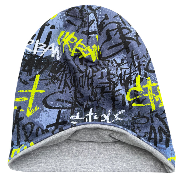 Wollhuhn Öko Long Beanie mit Graffiti-Design, aus weichem Baumwolljersey, zweilagig, für ganzjährigen Gebrauch. Handgefertigt in Deutschland, ideal für Kinder und Jugendliche.