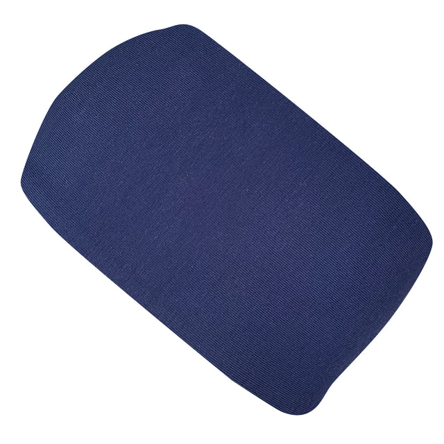 Handgemachtes, elastisches Stirnband aus Bio-Jersey, zweilagig und breit, ideal für Sport und Alltag. Passt bequem unter Helme, in Dunkelblau.