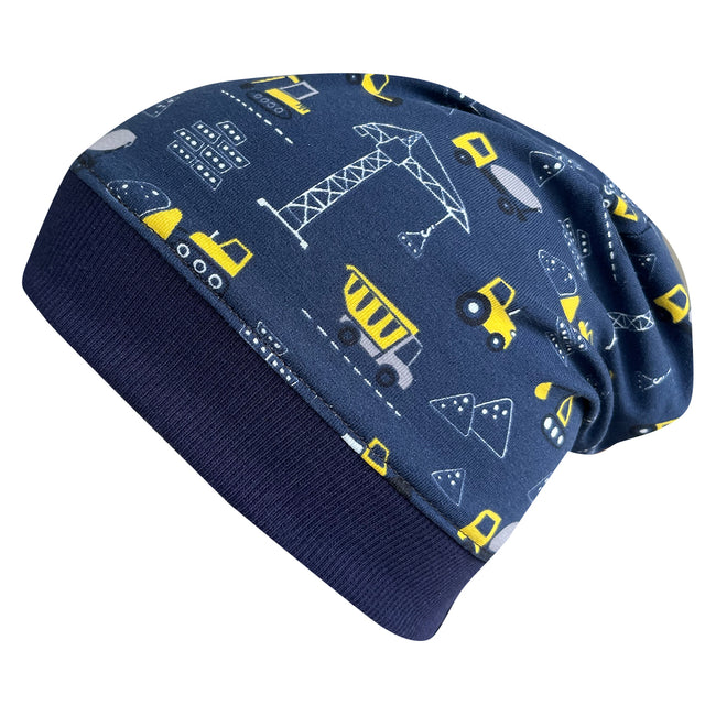 Wollhuhn Dünne Öko Beanie-Mütze mit Baustellenfahrzeugen, bequem und dehnbar, ideal für Übergangszeit, handgefertigt aus Öko-Jersey in Deutschland.