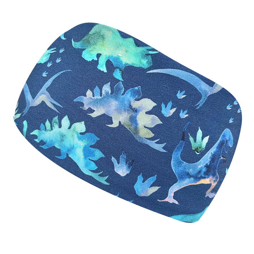 Wollhuhn Elastisches Öko Stirnband: Zweilagig, mit blauen Dinosaurier-Motiven, handgemacht aus weicher Bio-Baumwolle, ideal für vielseitige Outdoor-Aktivitäten.