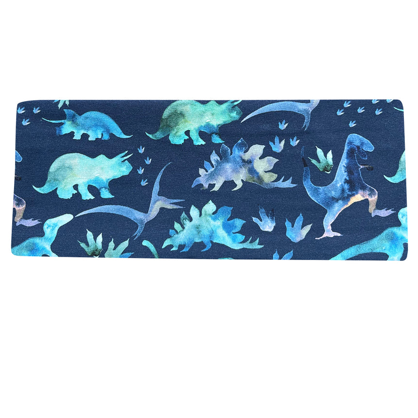 Wollhuhn Elastisches Öko Stirnband mit Dino-Design in Blautönen, handgefertigt aus weichem, dehnbarem Jersey für vielseitigen Tragekomfort bei Aktivitäten.