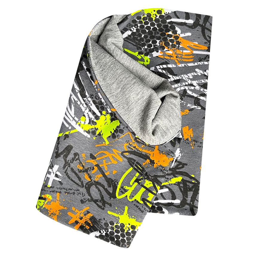 Wollhuhn Leichtes Öko Jersey Halstuch Graffiti Grau/Bunt, handgemachter Schlauchschal aus weichem Jersey, locker, komfortabel, ideal für Übergangszeiten, mit wendbarem Design.