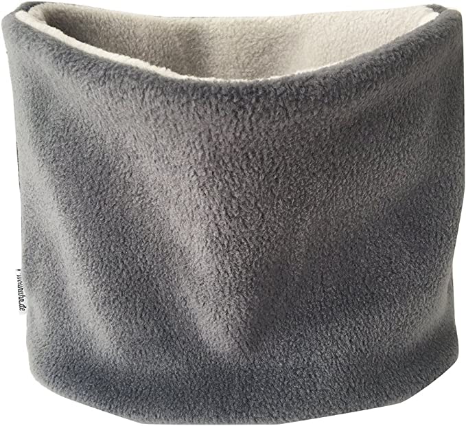Wollhuhn WINTER Halstuch/Schlupfschal „Unser Wärmster“, doppellagig, aus anthrazit/hellgrauem Fleece, weich und winddicht, für Kinder und Erwachsene, handgefertigt in Deutschland.