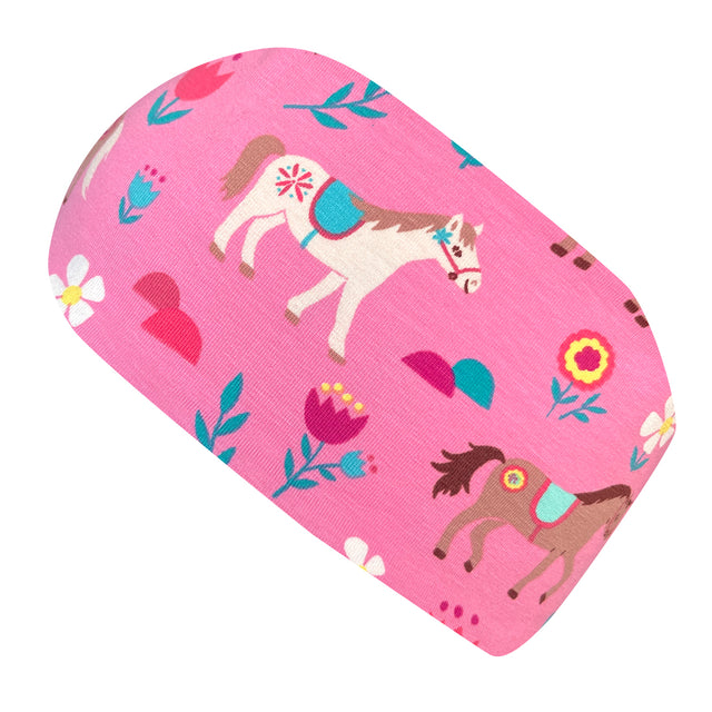 Wollhuhn Elastisches Öko Stirnband aus rosa Jersey mit Pferde- und Blumenmotiv, handgemacht, weich, dehnbar, ideal für Kinder und Erwachsene, vielseitig tragbar.